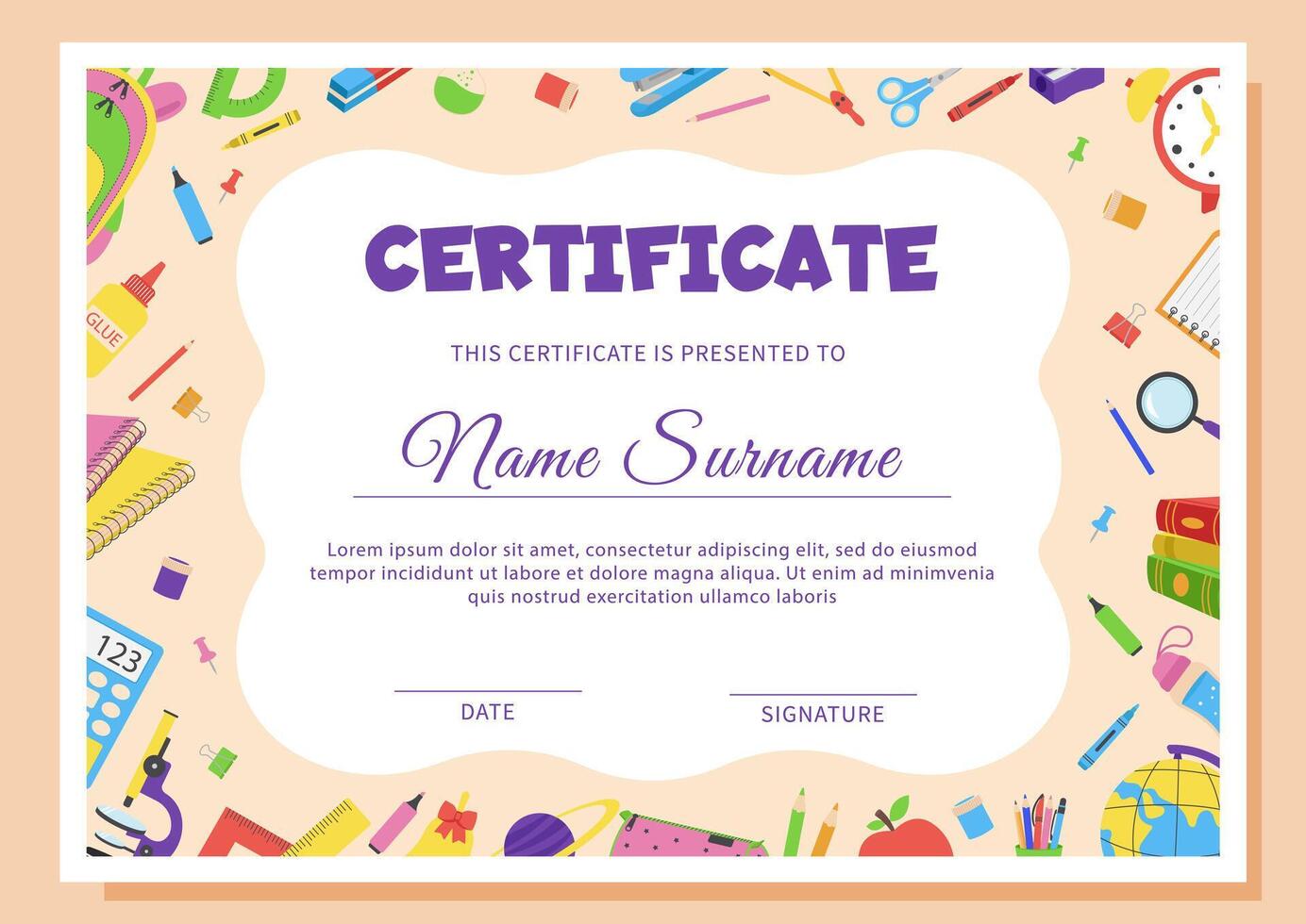 School diploma, certificate template with school supplies. vector