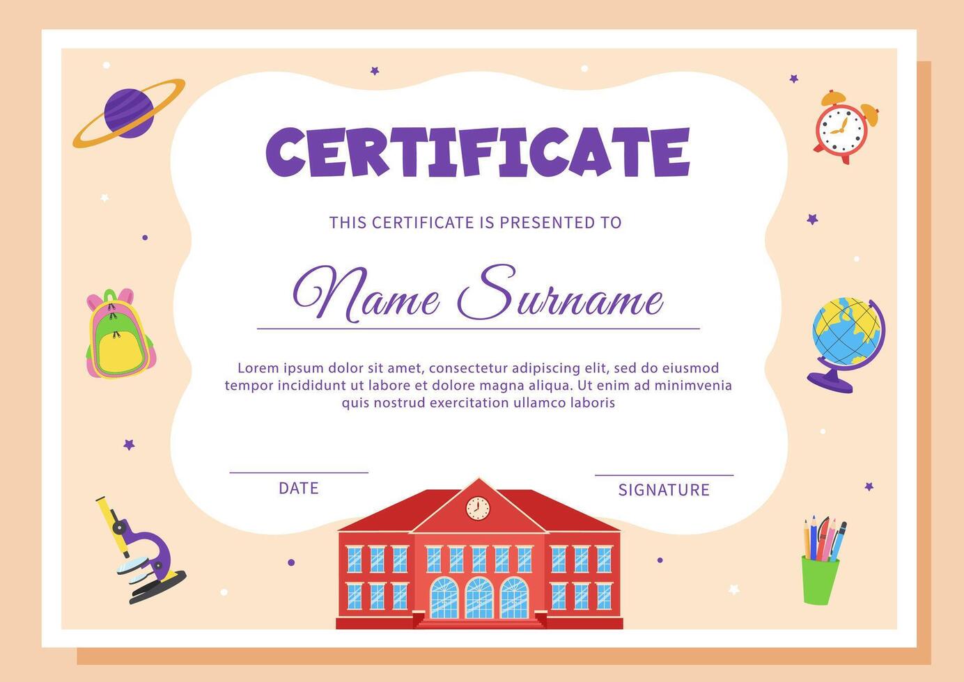 School diploma, certificate template with school and school supplies. vector