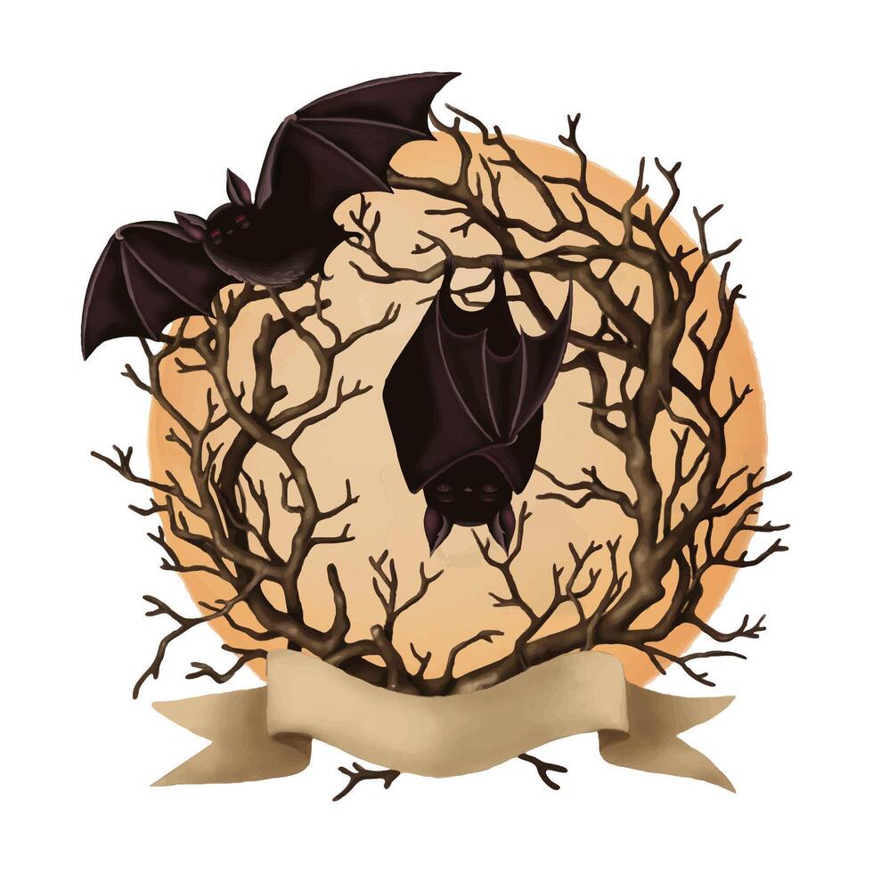Round Halloween composition with flying bat and moon in cartoon style. Hand drawn dark illustration with copy space. Isolated drawing perfect for autumn graphic and spooky season card designs. vector