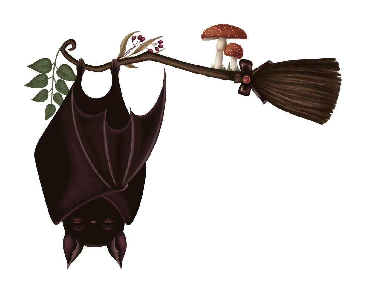 Corner Halloween upper composition with broom and sleeping bat. Hand drawn dark illustration in cartoon style. Isolated drawing perfect for autumn graphic and spooky season card designs. vector