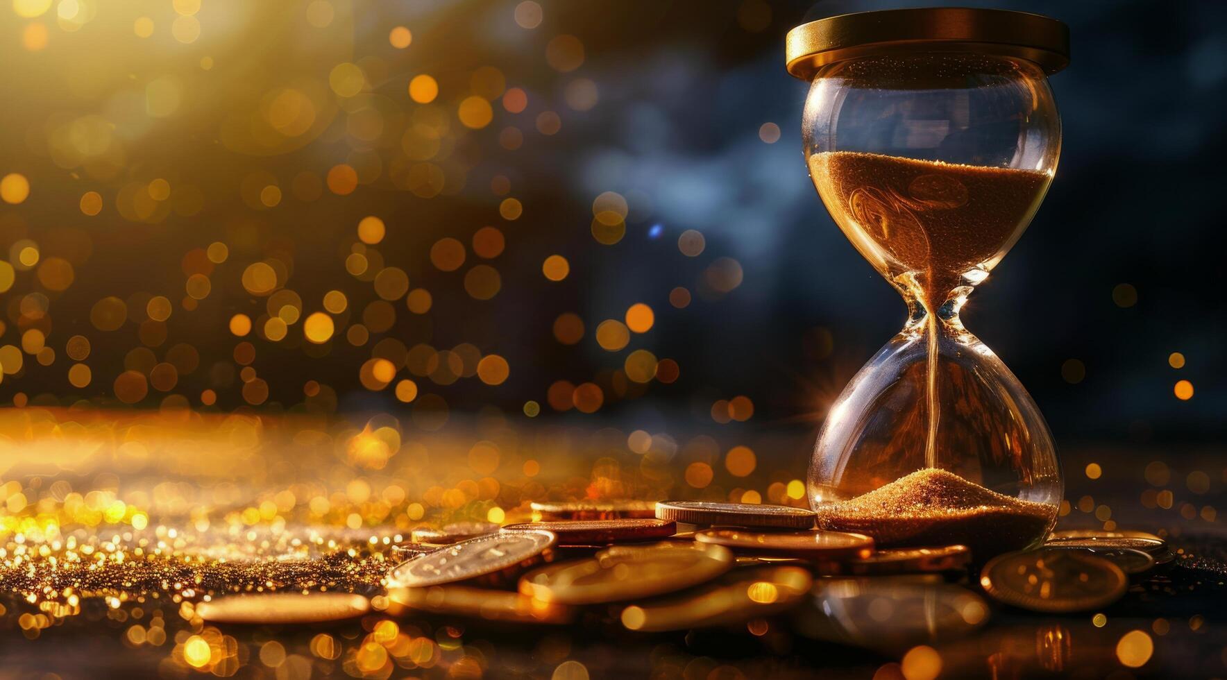 Hourglass With Sand Dripping Over Gold Coins In Golden Light photo