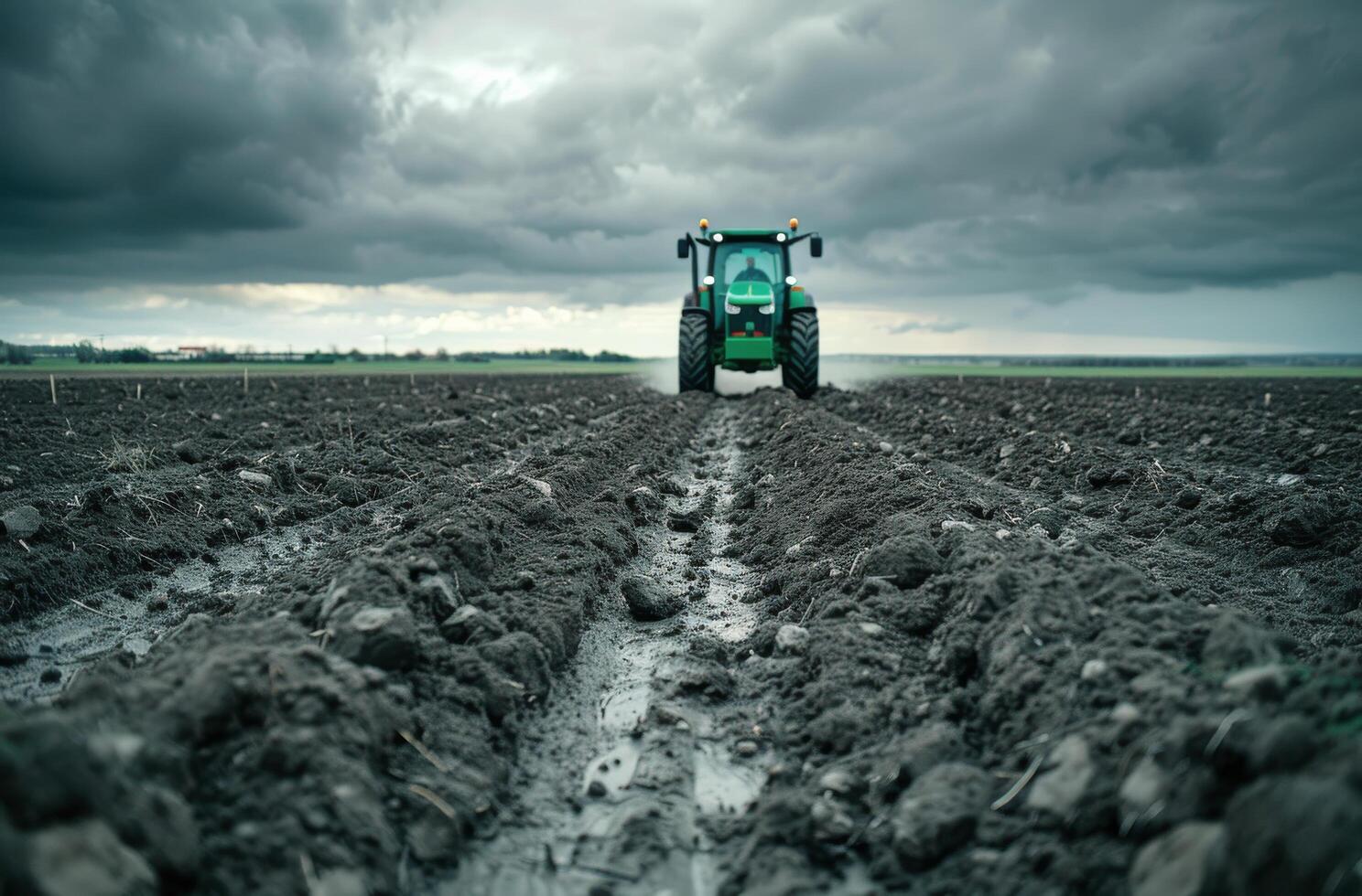 Green Tractor Working a Field on an Overcast Day photo