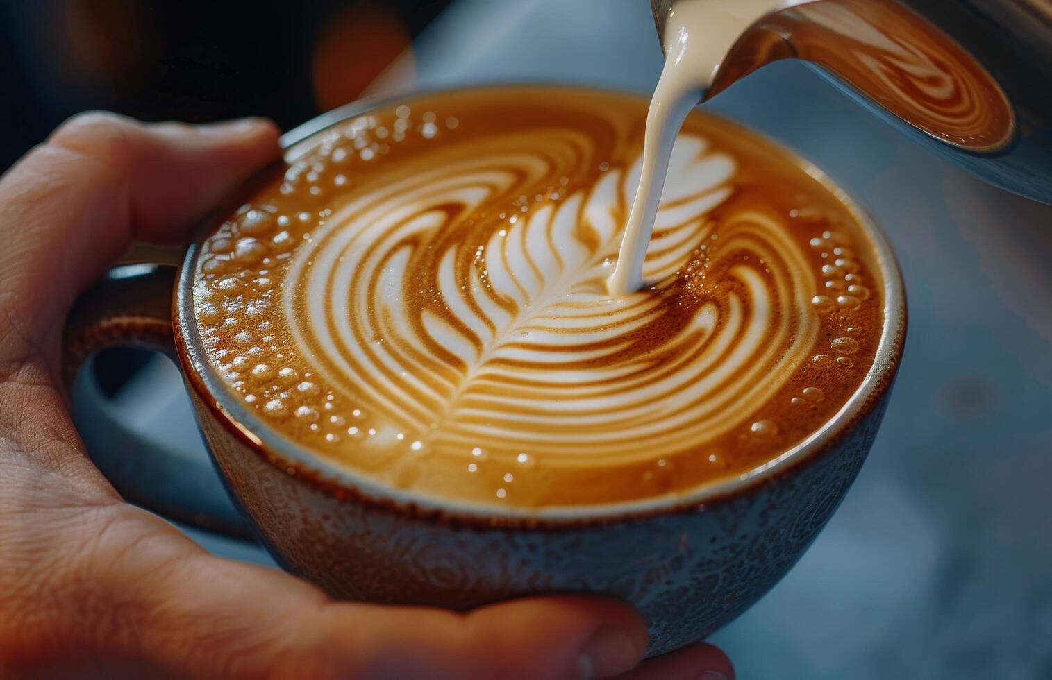 Barista Pouring Milk Into a Cup of Latte With Cinnamon photo
