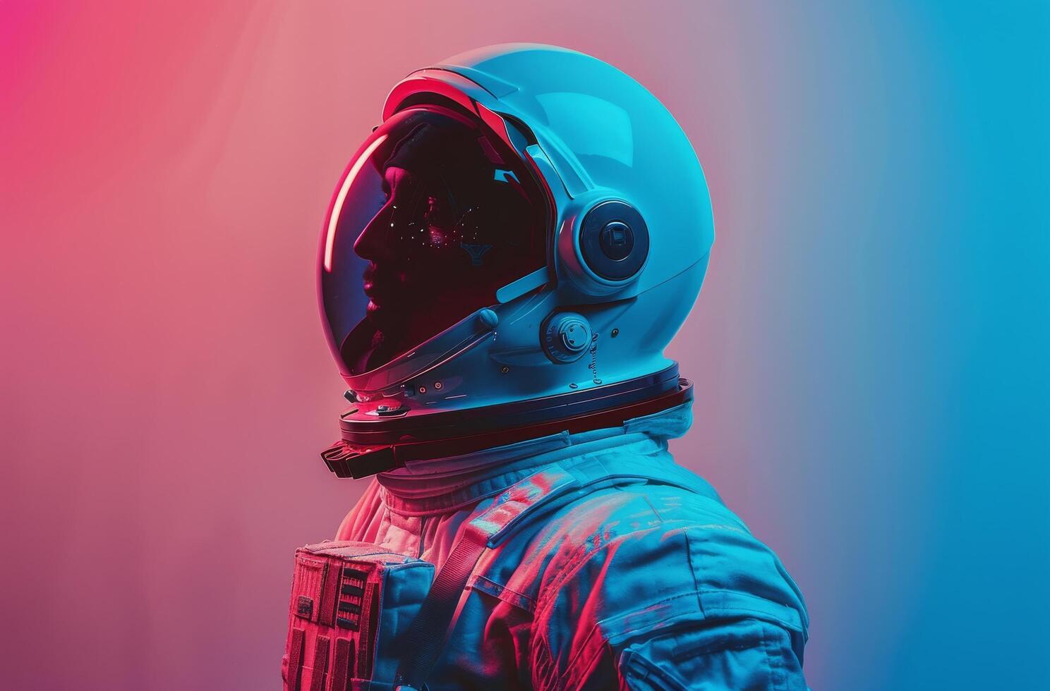 Astronaut in Blue and Pink Lighting Against a Gradient Background photo