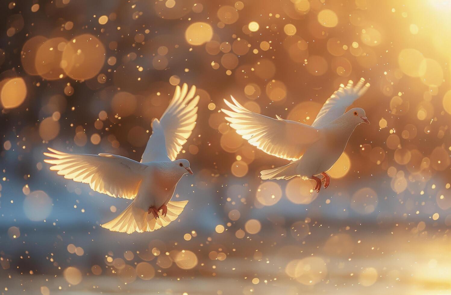 Two White Doves Soaring in Golden Light at Sunset photo