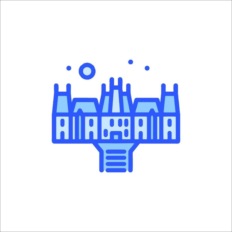 A blue line icon of a building with a tower vector
