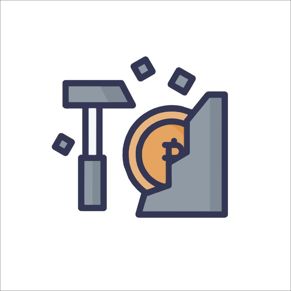 Bitcoin mining icon, hammer and coin vector