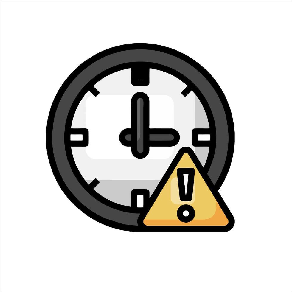A clock with a warning sign and a yellow exclamation point vector