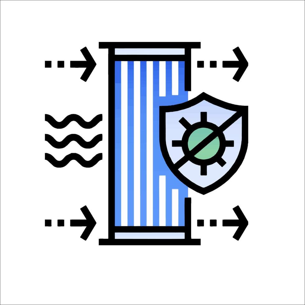 A blue and white icon with a shield and a water filter vector