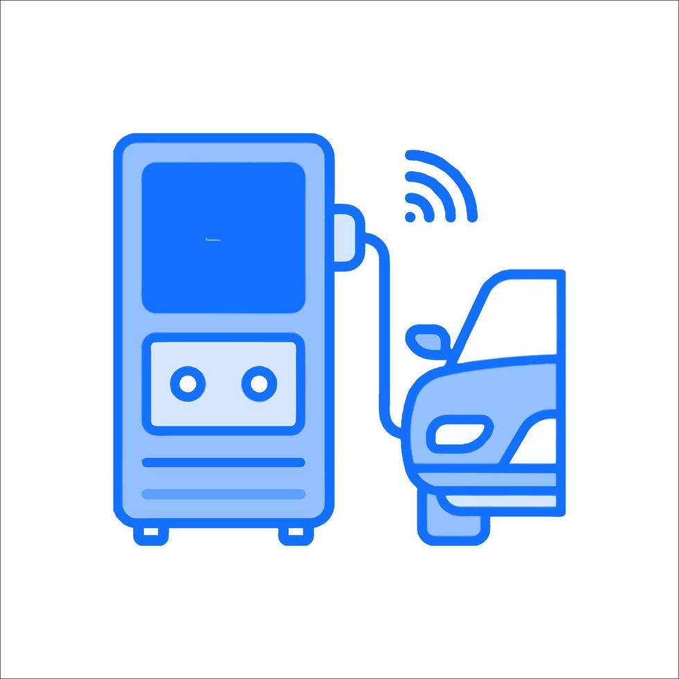 A car is charging at an electric car charging station vector