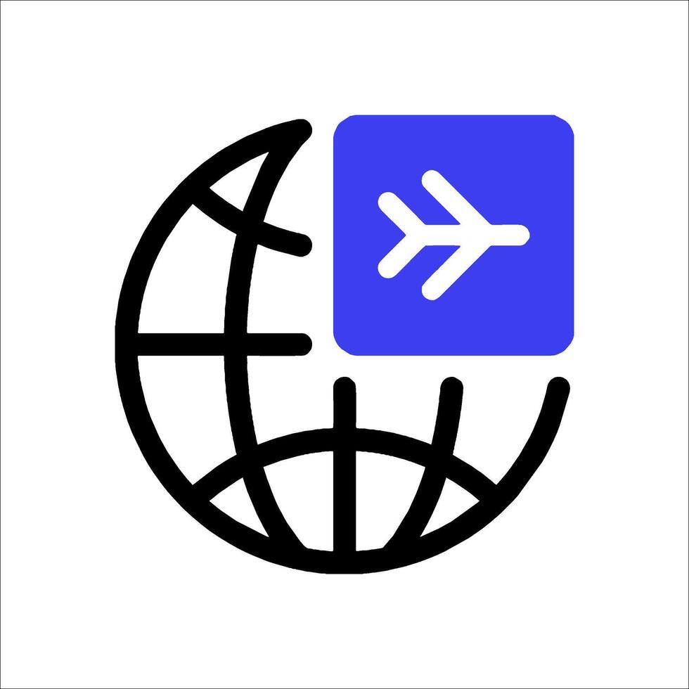 A globe with an airplane icon and a blue arrow vector