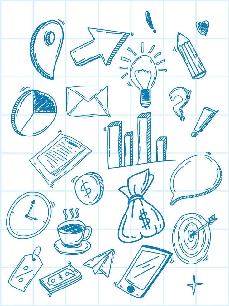 HAND DRAWING DOODLE ART BUSINESS PLAN WITH BLUE BALLPOINT TEXTURE AND WHITE BACKGROUND WITH LIGHT BLUE LINE vector