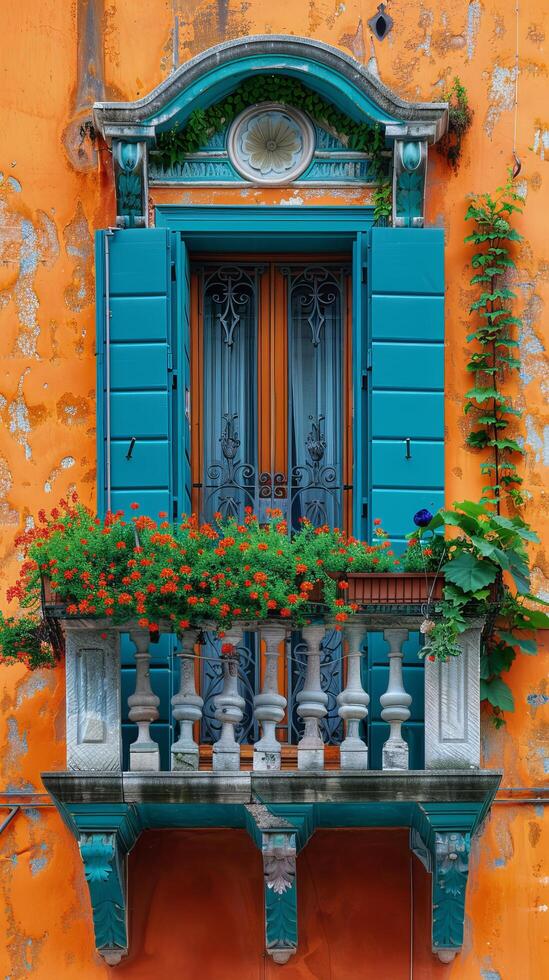 Yellow Building With Two Windows and Shutters photo