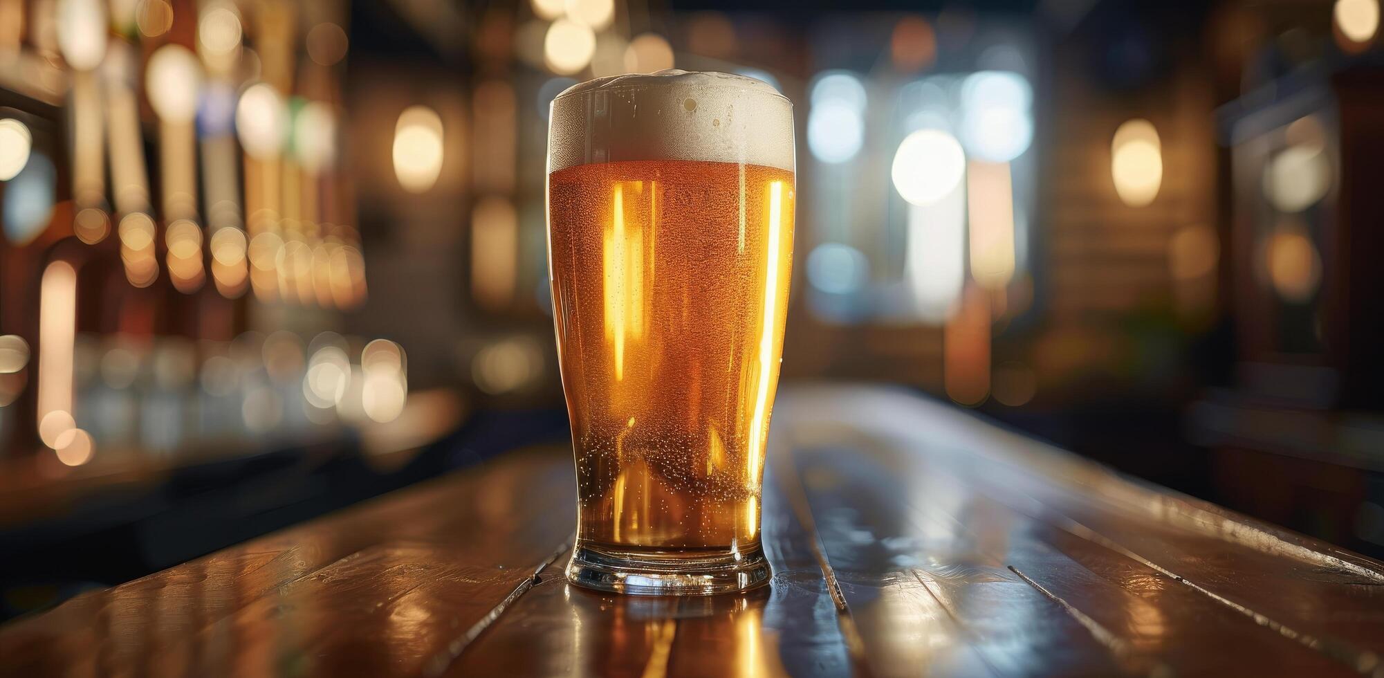 A Glass of Beer on a Bar Counter in a Pub at Night photo