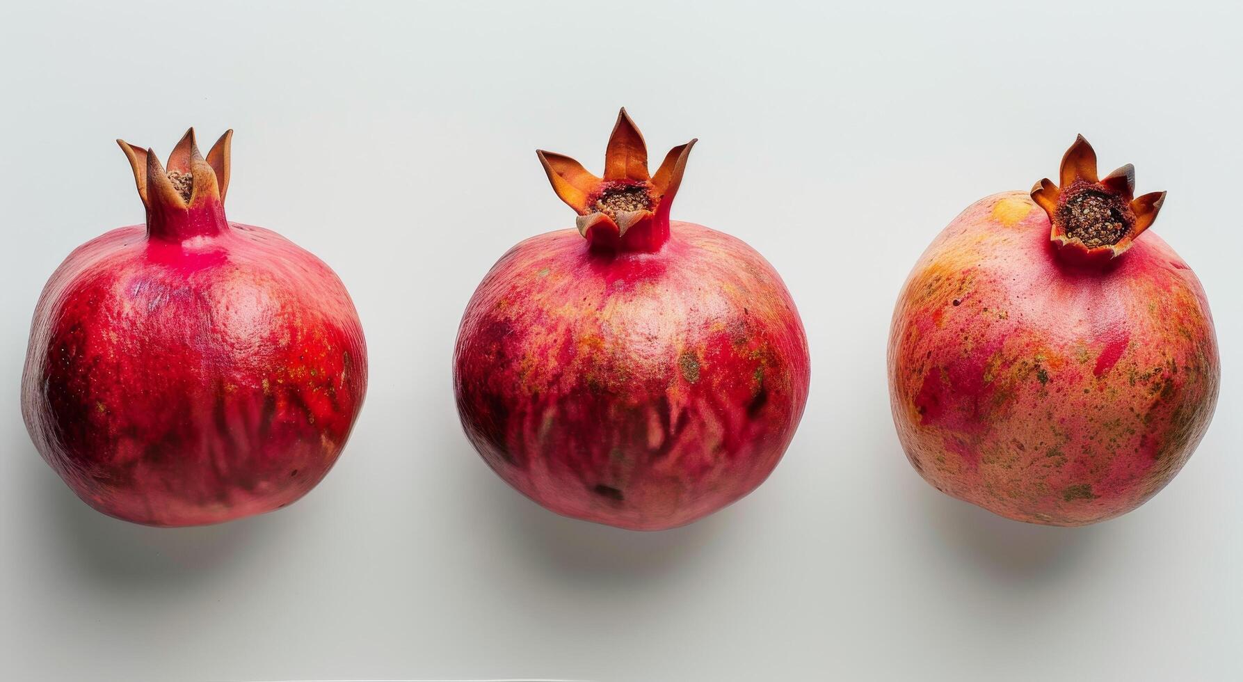 Three Ripe Pomegranates Arranged in a Row on a White Background photo