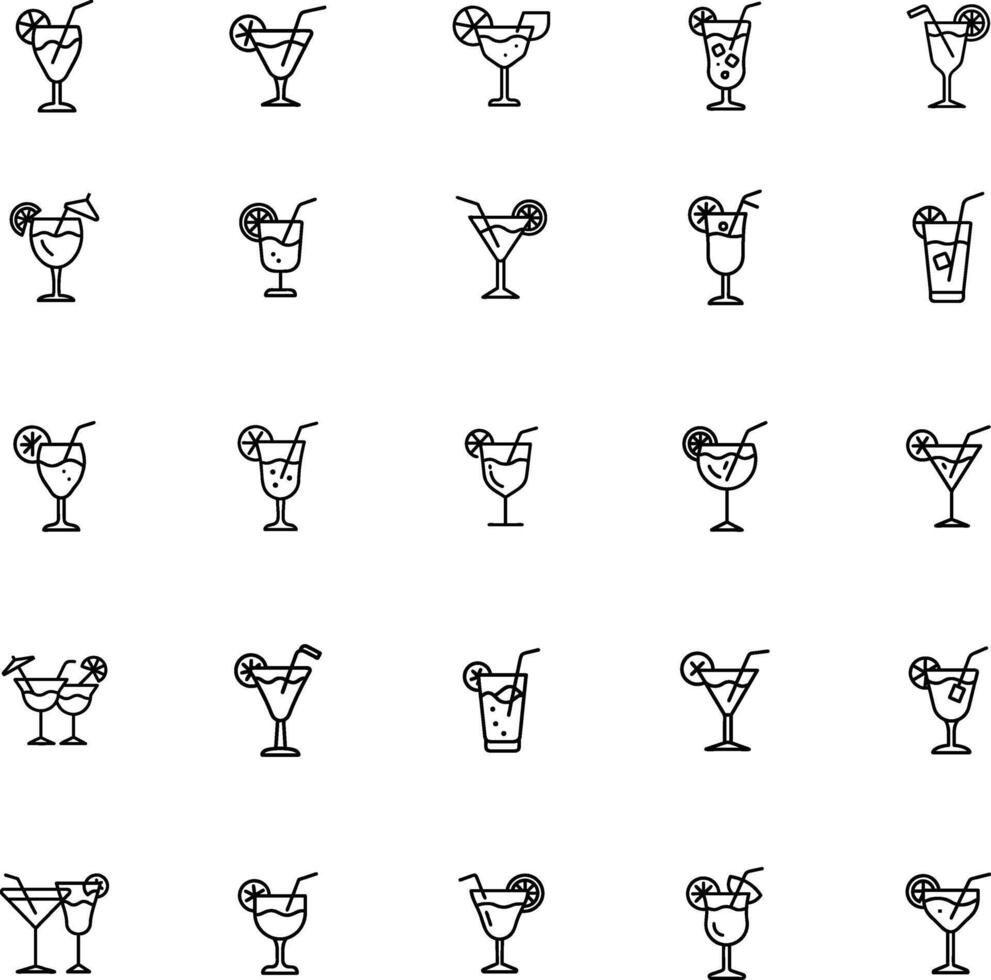 Cocktails icons set. Simple outline cocktails icons isolated on white background. Set includes beer, mojito, whiskey. Icons set for restaurant, pub, bar. illustration vector