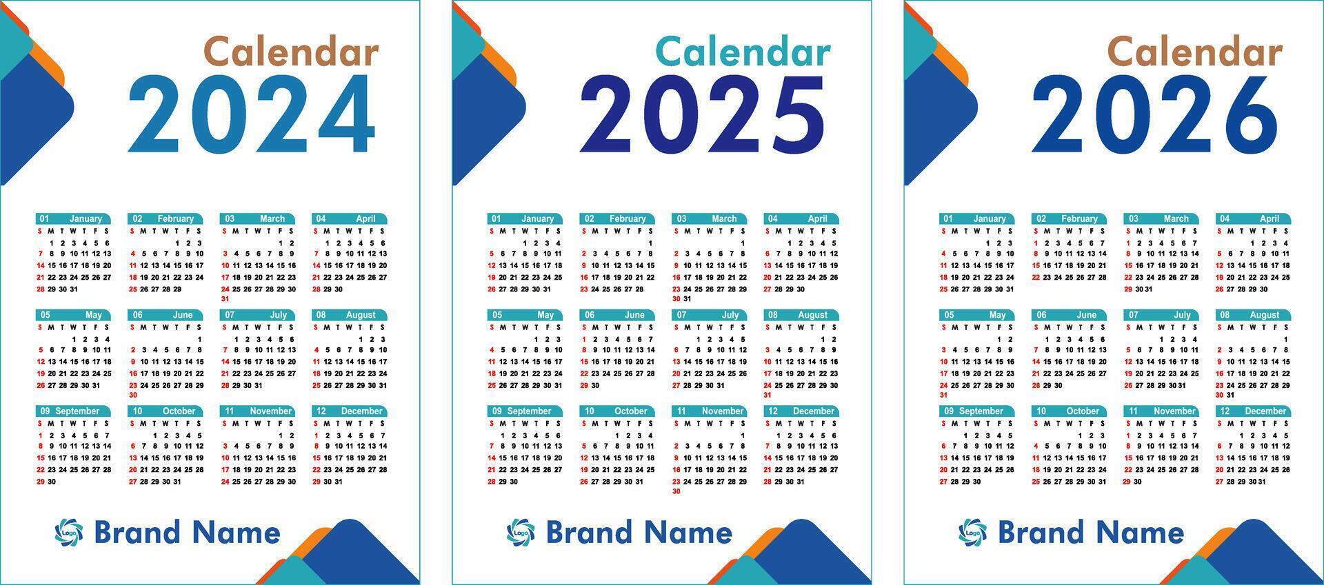 2024 2025 2026 calendar template, simple and clean calendar design. vector