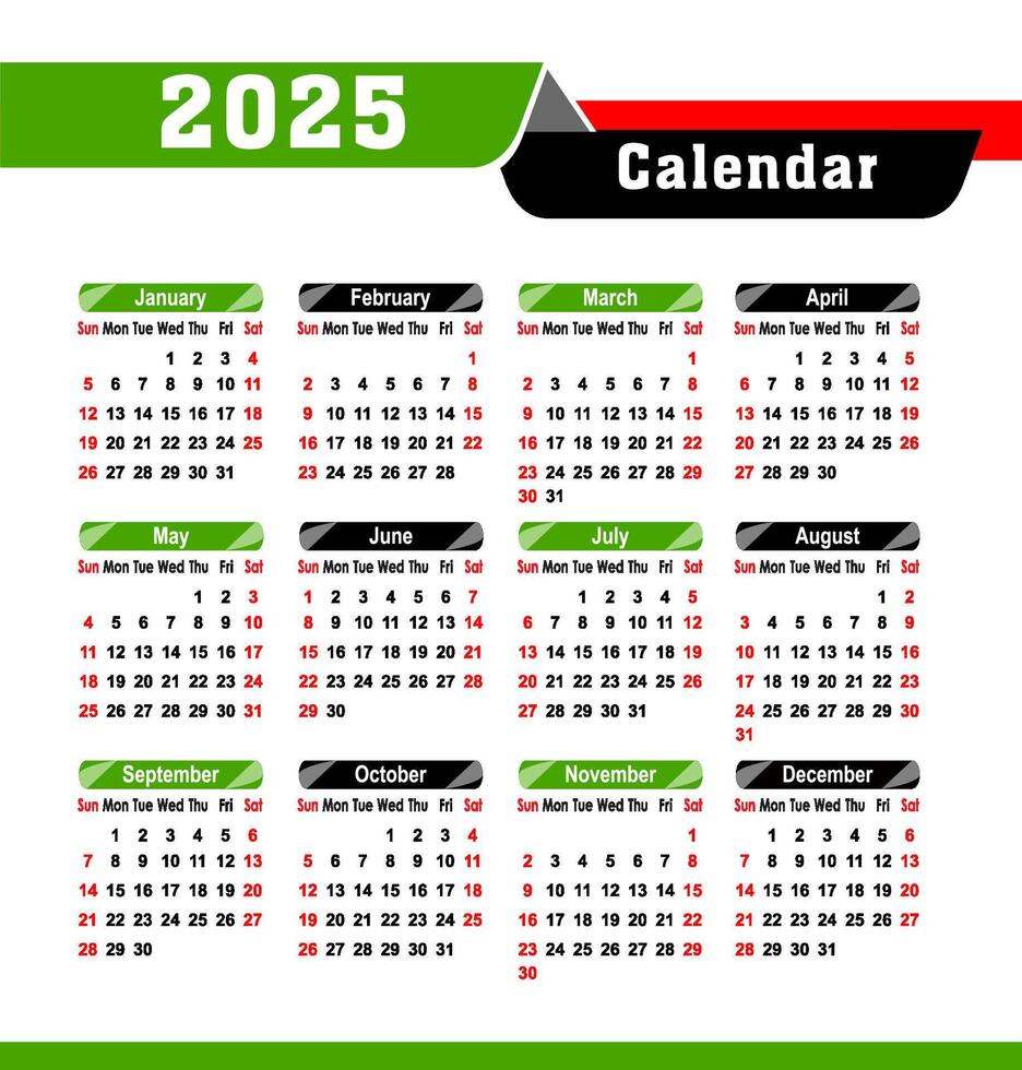 Annual Calendar 2025, yearly calendar 2025 illustration. vector