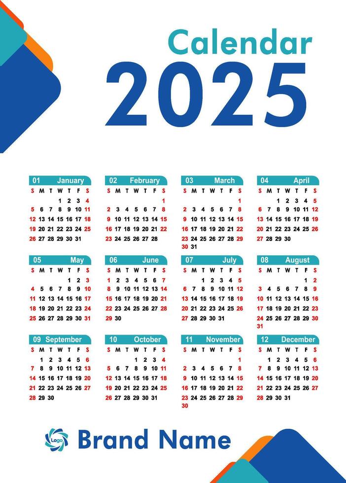 2025 date planner, calendar Design 2025 Template, yearly calendar 2025 . vector