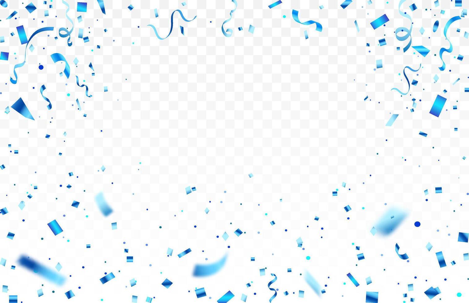 Celebration background template with confetti and blue ribbons. Shiny carnival decoration. Bright festive tinsel of blue color vector