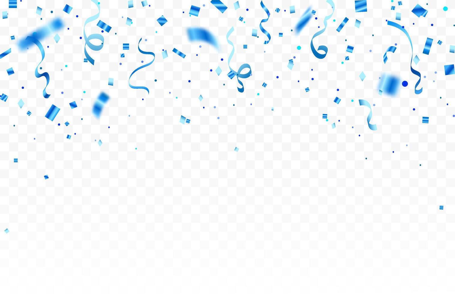 Celebration background template with confetti and blue ribbons. Shiny carnival decoration. Bright falling tinsel. Holiday poster concept. vector