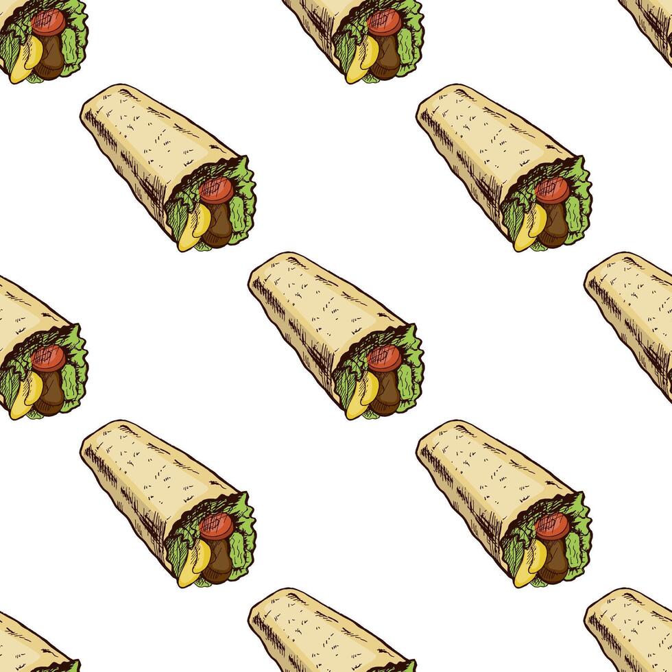 Hand-drawn sketch style burrito with vegetables and meat pieces isolated on white background. Fast food illustration. Vintage drawing. Seamless pattern vector
