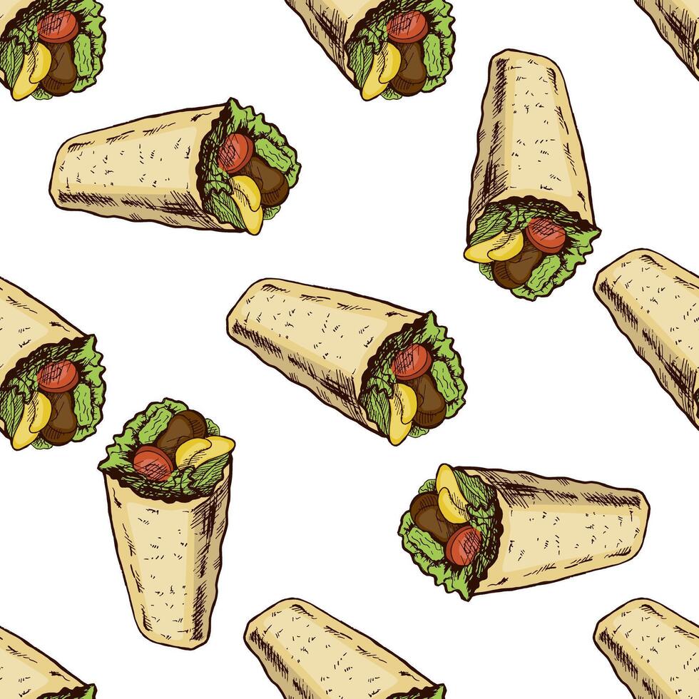 Hand-drawn sketch style burrito with vegetables and meat pieces isolated on white background. Fast food illustration. Vintage drawing. Seamless pattern vector