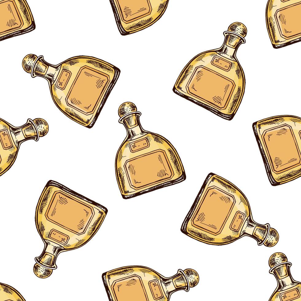 Hand-drawn colored bottle of tequila seamless pattern. Design element for the menu of bars and restaurants, alcohol stores. sketch illustration in engraving style. vector
