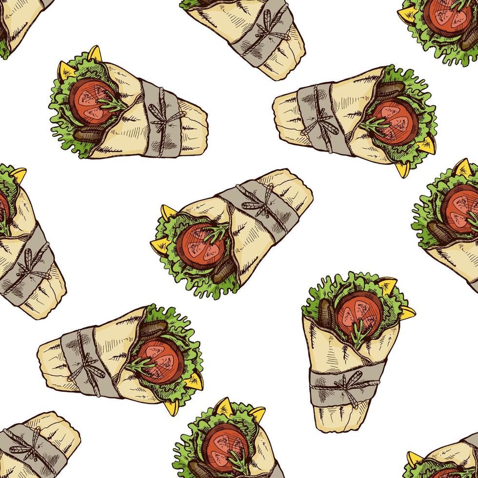 Hand-drawn colored seamless pattern of burrito wrap with vegetables pieces in paper package isolated on white background. Fast food illustration. vector