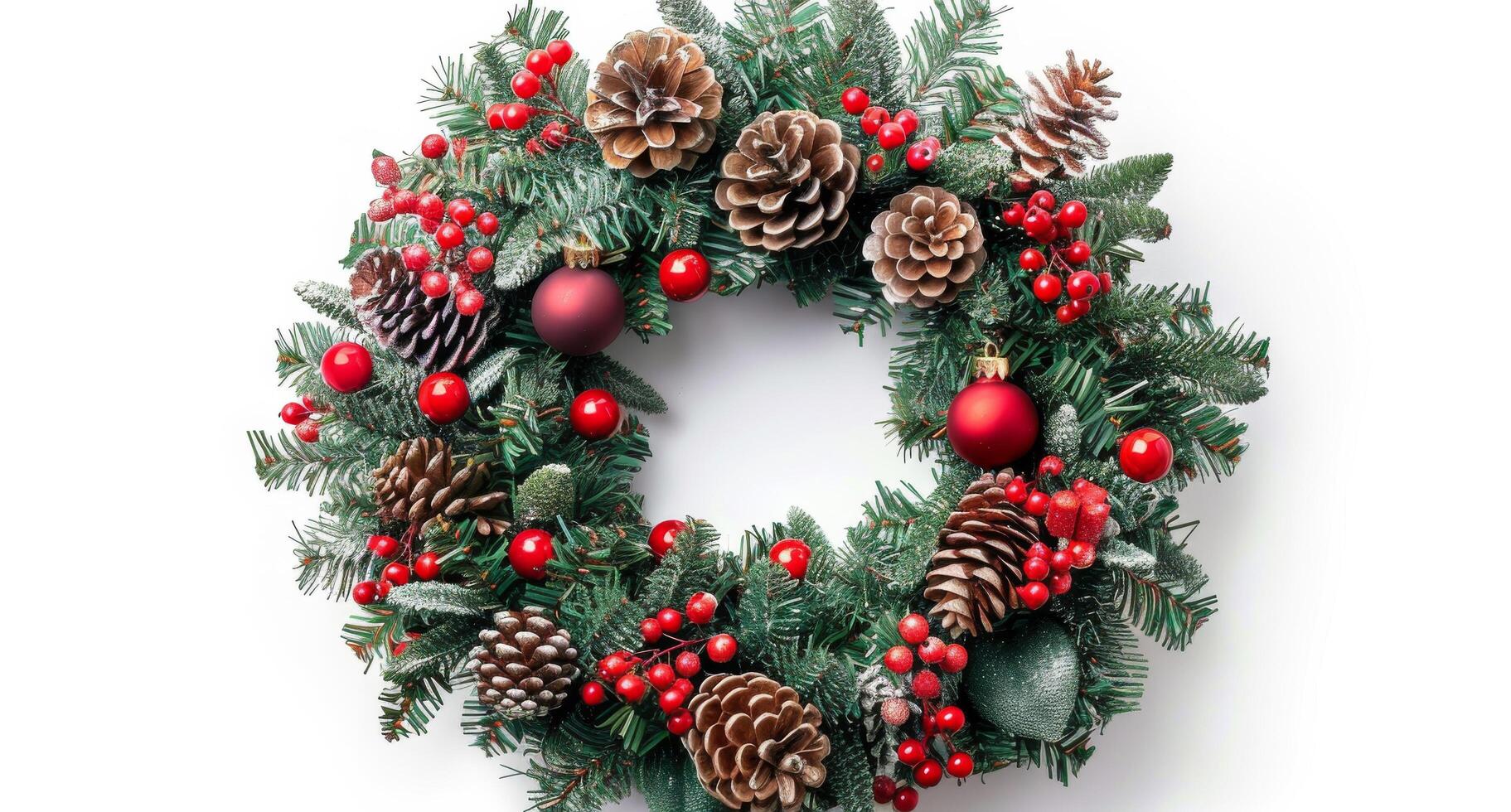 Festive Christmas Wreath With Pine Cones, Berries, and Ornaments photo