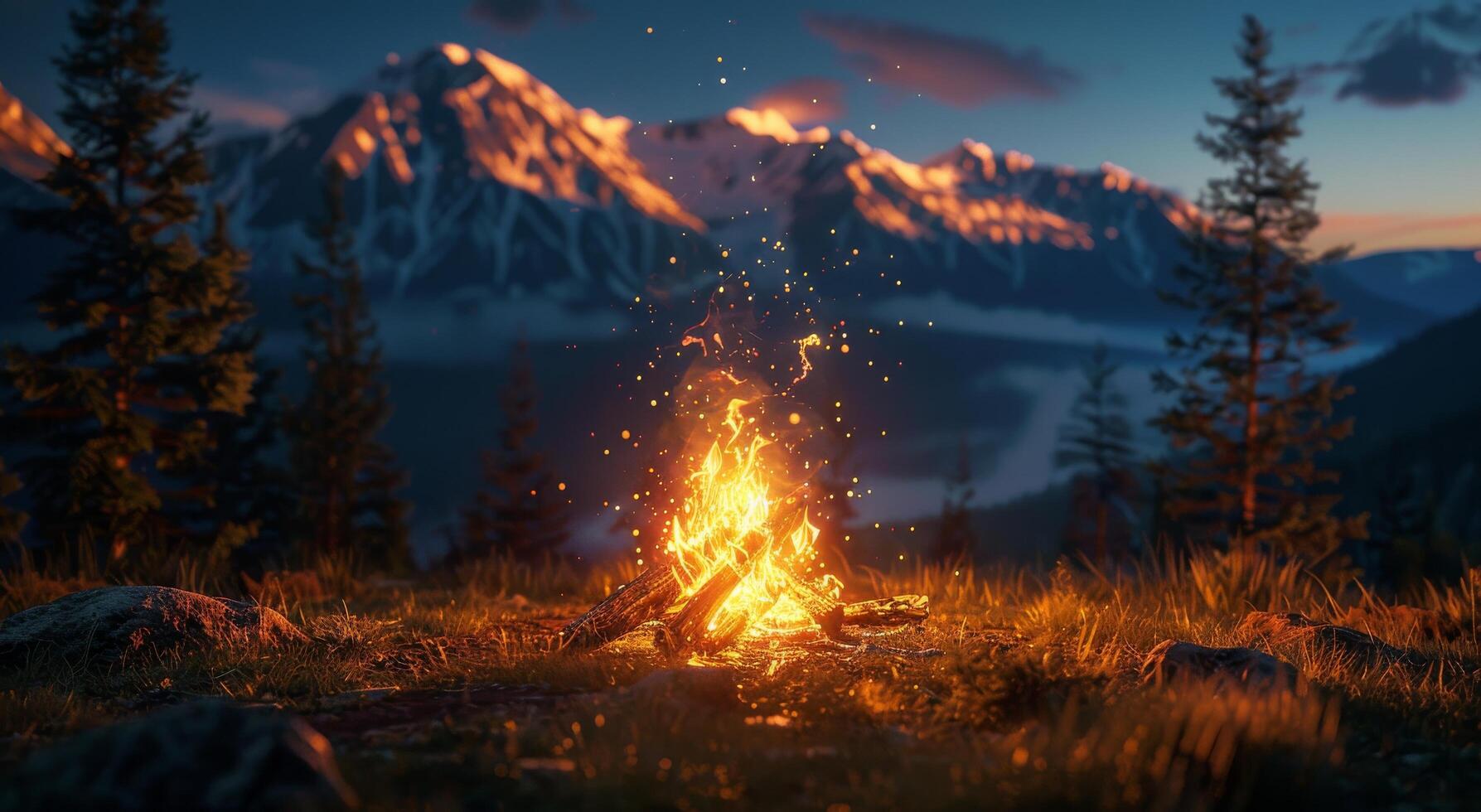 Campfire Burning Brightly in a Mountain Forest at Night photo