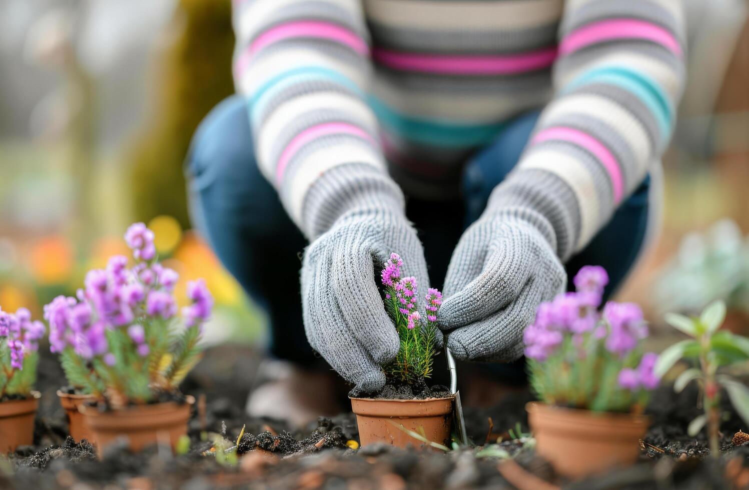 Gardener Planting Purple Flowers photo