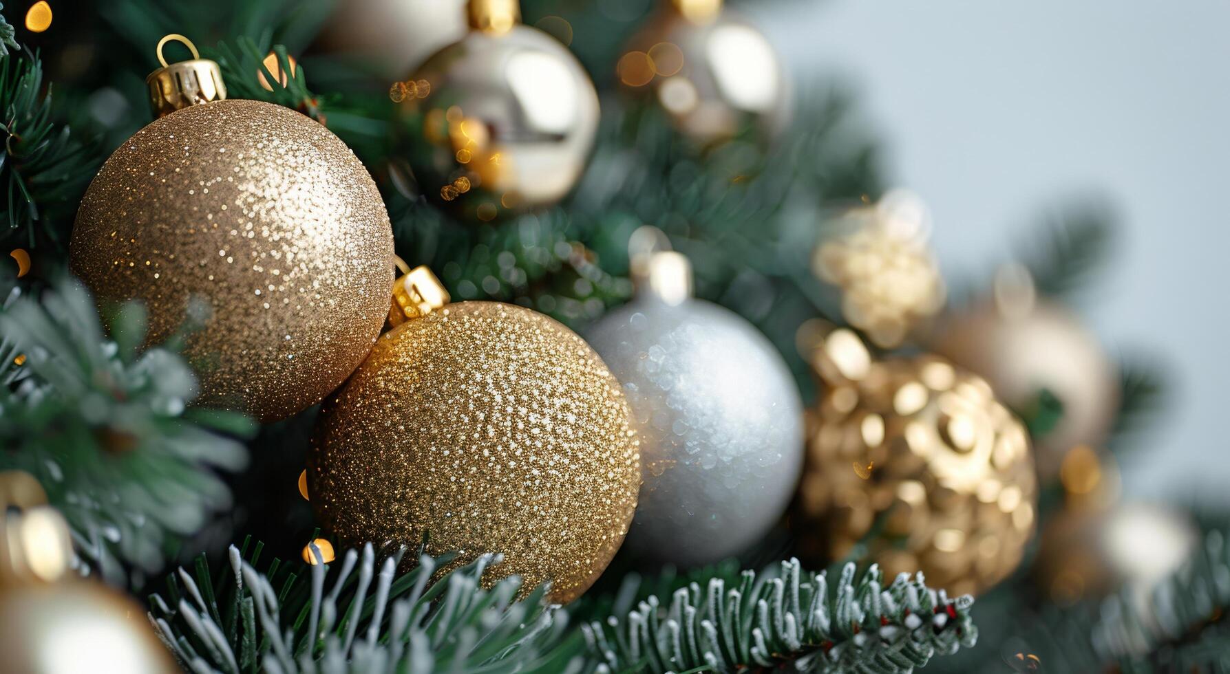 Close Up of Gold and Silver Ornaments Hanging on a Christmas Tree photo