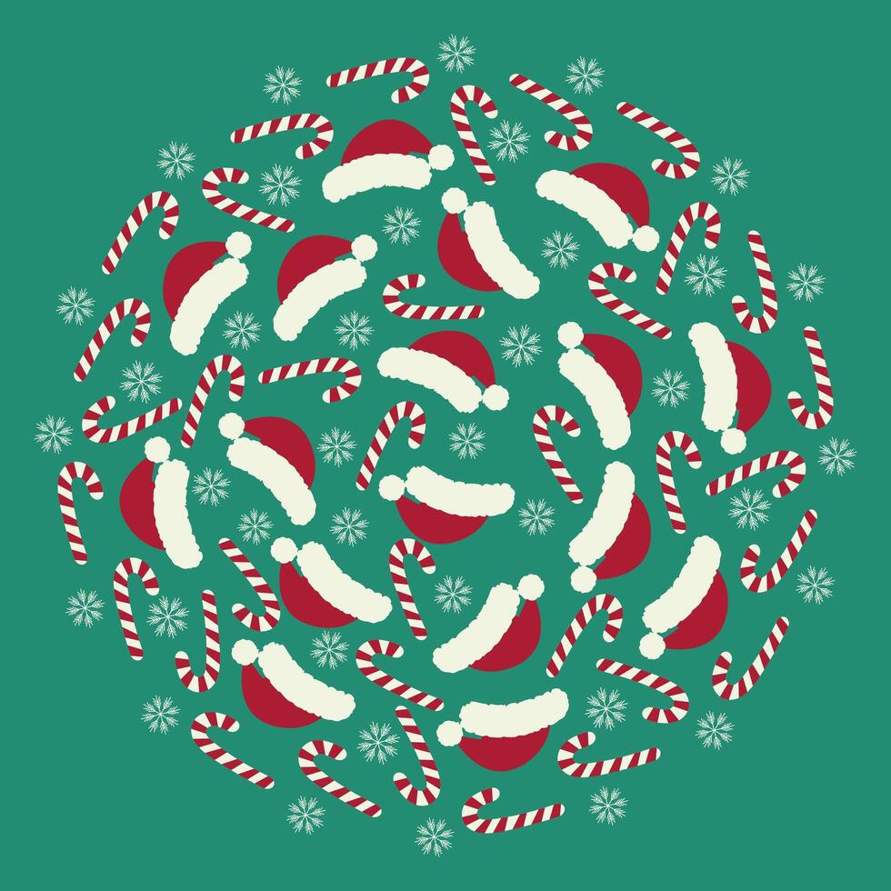 Striped Candy Canes, Santa caps and snowflakes Christmas Round Festive colorful background texture. Isolated illustration Greeting cards, posters, leaflets, banners, price, labels or web promo vector