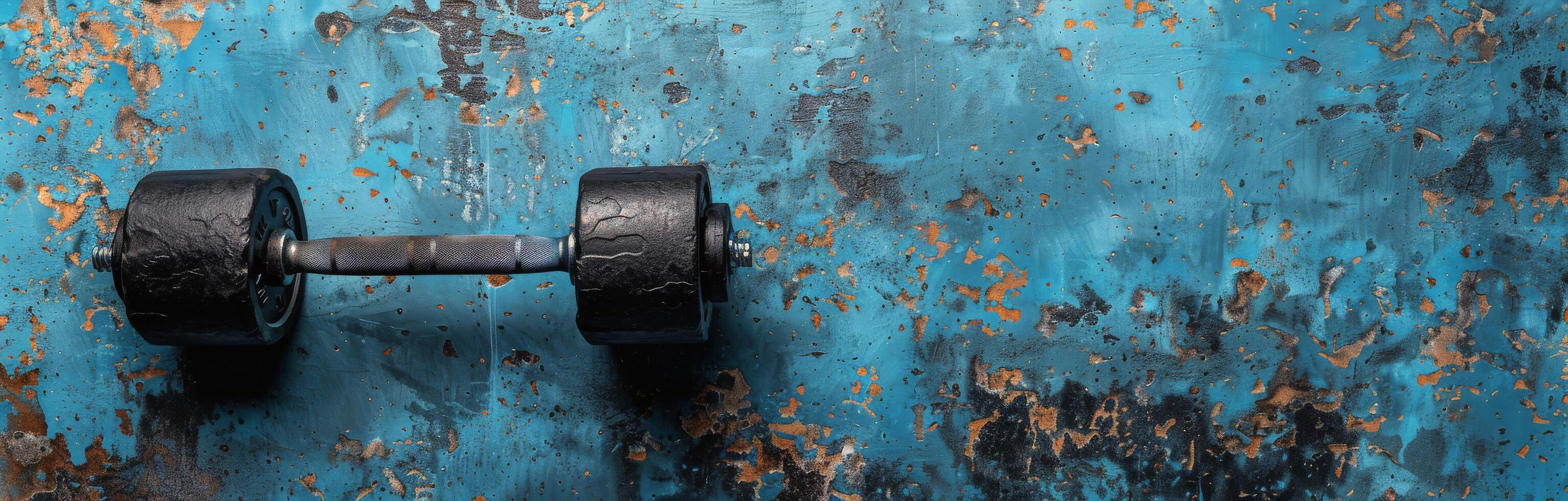 A Single Dumbbell on a Blue Concrete Surface photo