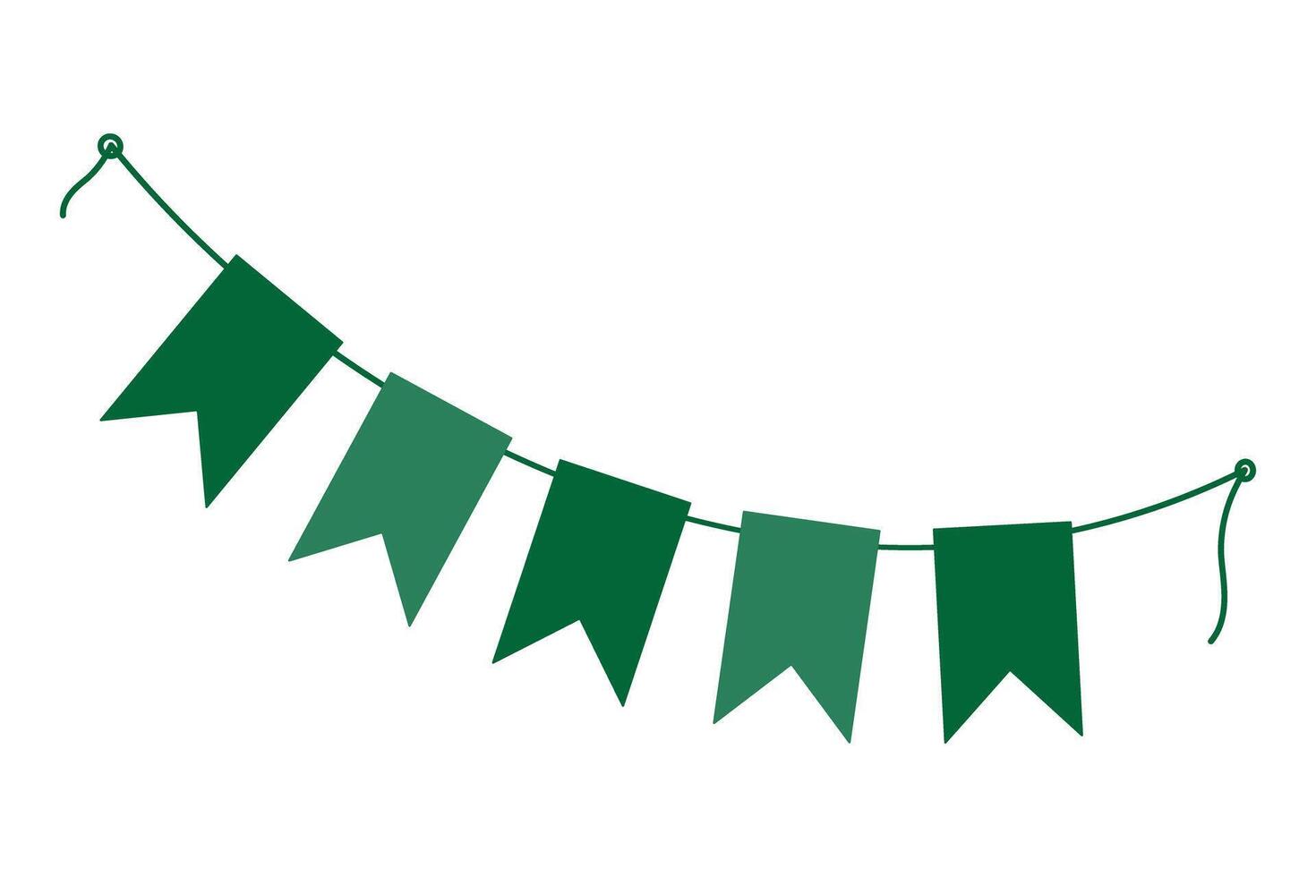Festive pennants garland on rope in trendy monochrome green. St Patrick Day greeting design element. Isolated illustration Cards, poster, leaflets, banner, greetings, price, label or web promo vector
