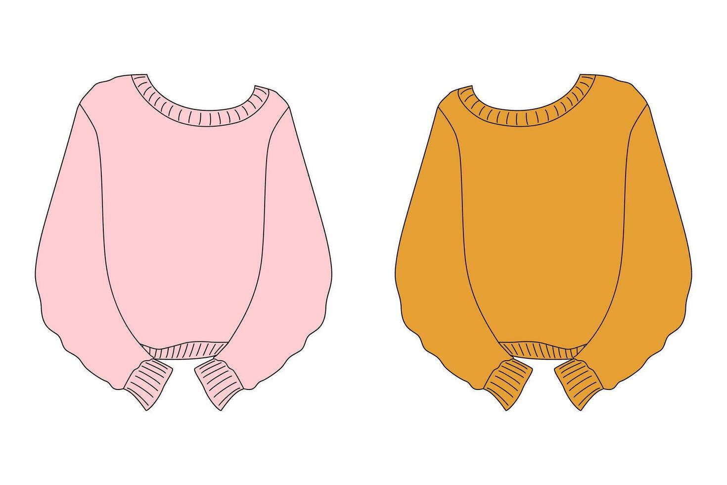 Stretched sweater with long dropped sleeves in trendy soft pink and orange. Oversize clothing Set 2. Isolated illustration Cards, poster, leaflets, banner, greeting, price, labels or web promo vector