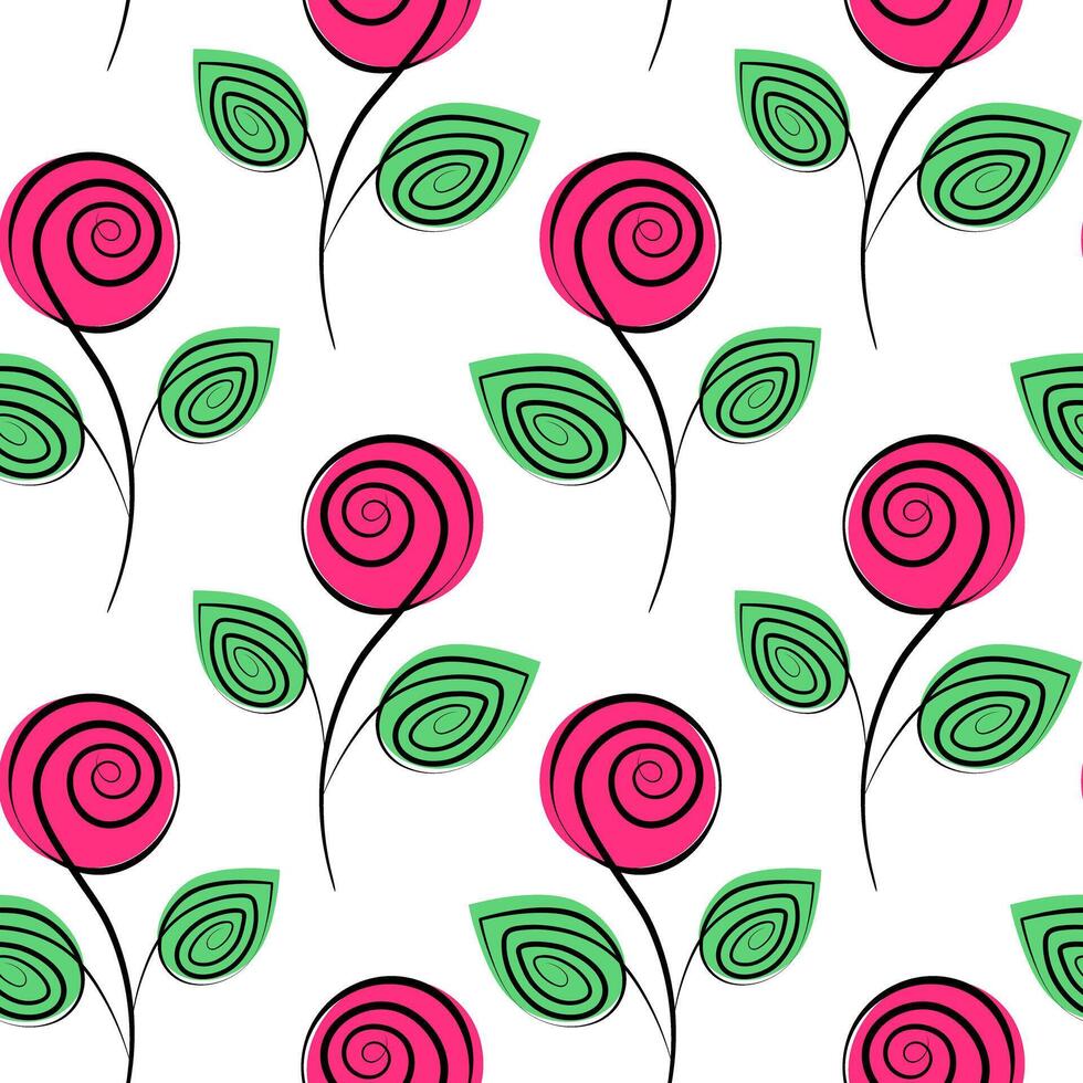 Stylized rose on stem with leaves Seamless Pattern in trendy marker green and pink. Spring backdrop. Isolated illustration Wrapping, wallpaper or web, banner, greetings or invitation background vector