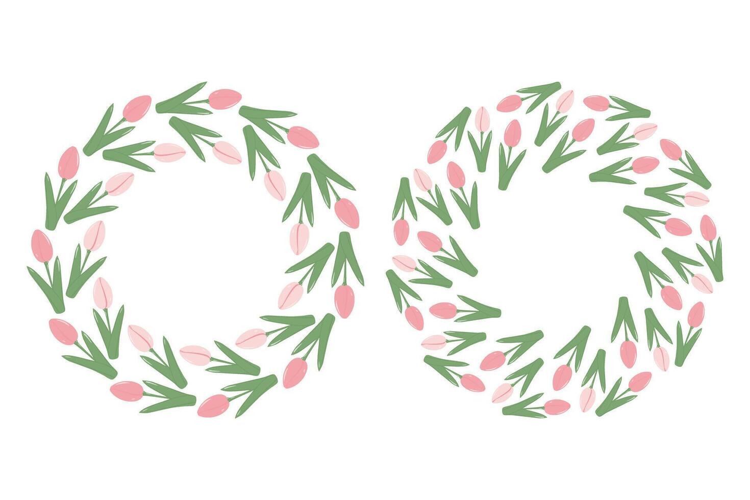 Tulips Circle Frame border in trendy soft pink. Lettering cards floral Template Set of 2. Copy space. Isolated illustration Greetings, poster, leaflets, banner, price tags, label or web promo vector