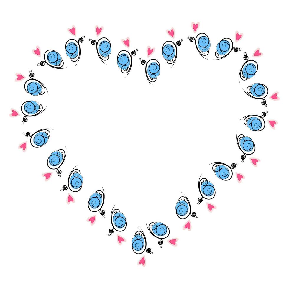 Stylized butterflies with blue spot and pink hearts. Heart shaped frame border. Template Copy space. Isolated illustration Cards, poster, leaflets, banner, brochure, greetings, price tag or web vector