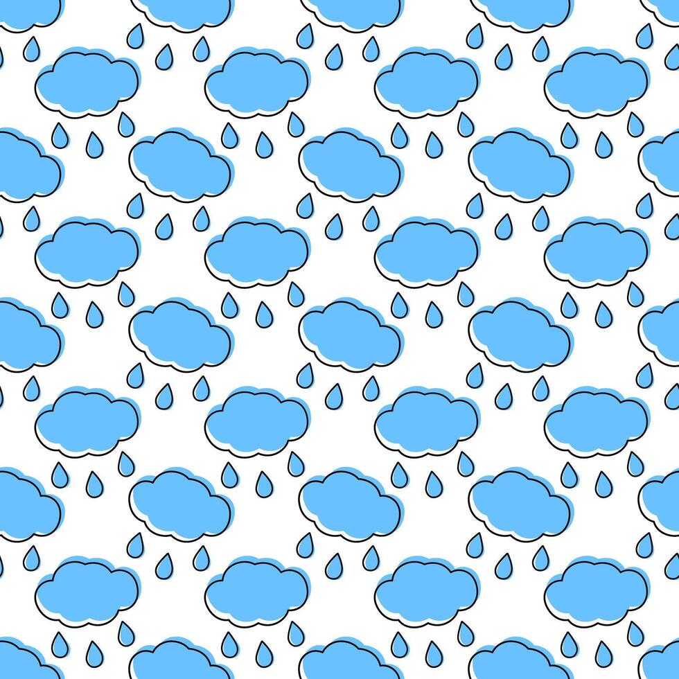 Outline cloud with drops filled not along contour Seamless pattern. Rainy weather background concept. Isolated illustration Wallpaper, wrapping or web, cards, poster, banner or web promo, tags vector