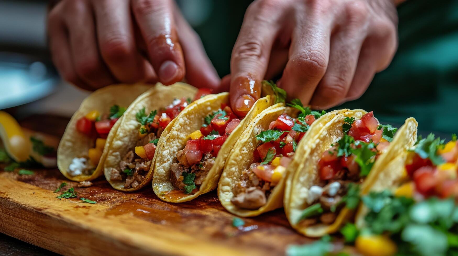 Chef preparing fresh tacos with diced vegetables and herbs on a wooden cutting board photo