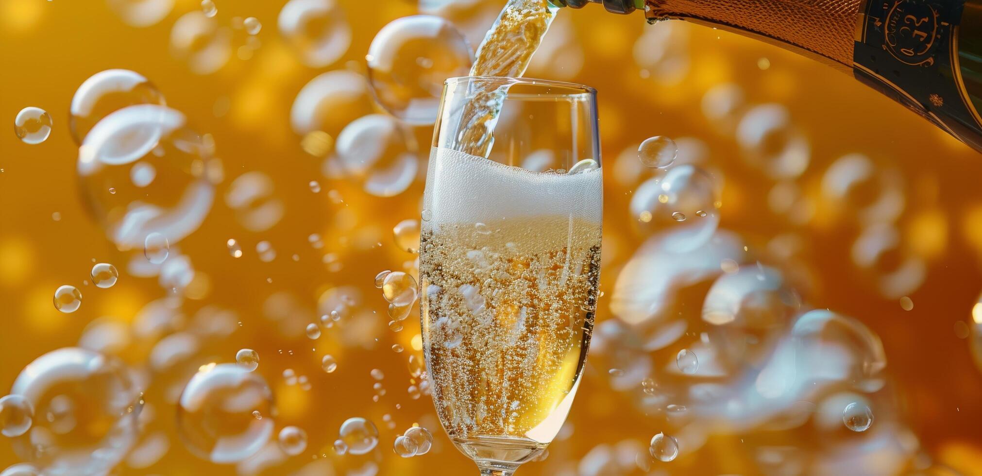 Champagne Pouring Into Glass With Bubbles in the Background photo
