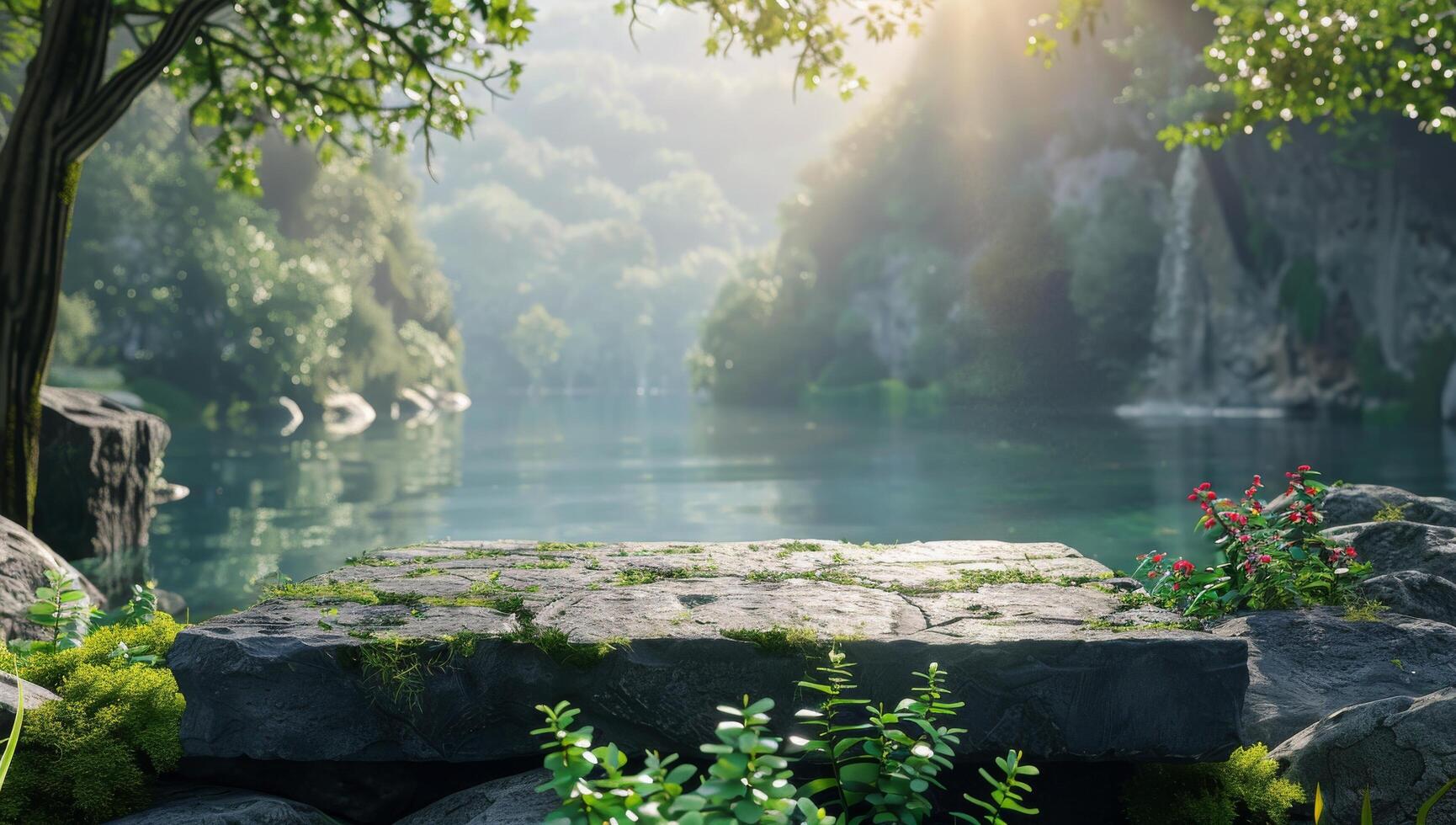 Tranquil Forest Lake Scene With Stone Platform and Lush Greenery photo