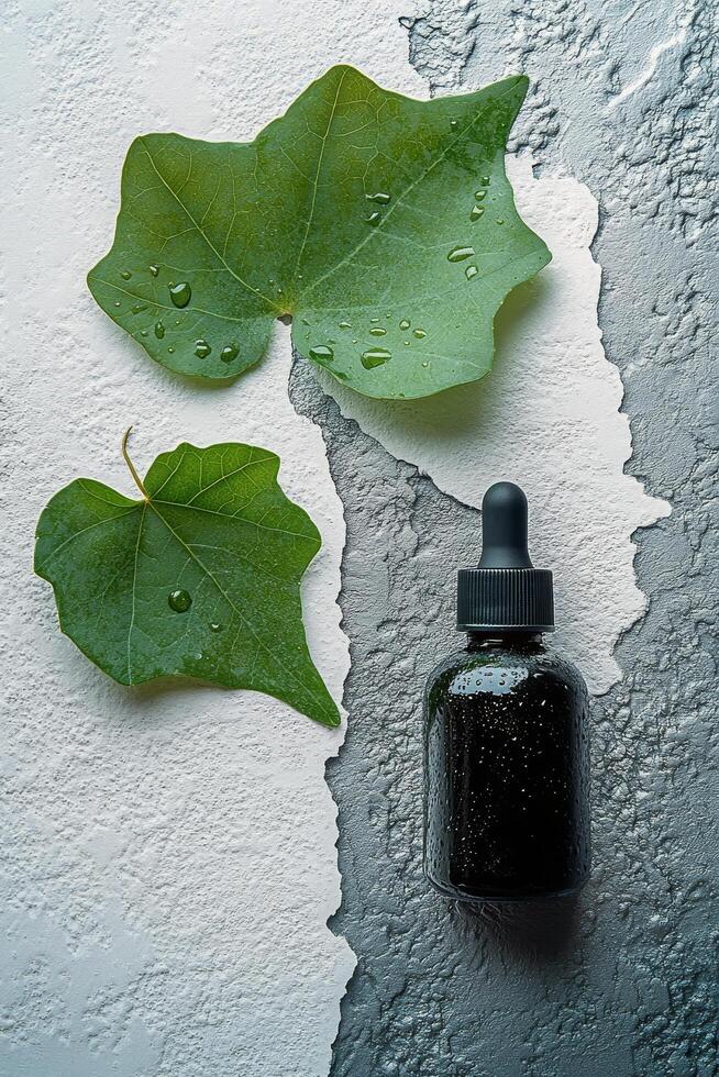 Botanical drops on textured surface with green leaves and liquid container photo