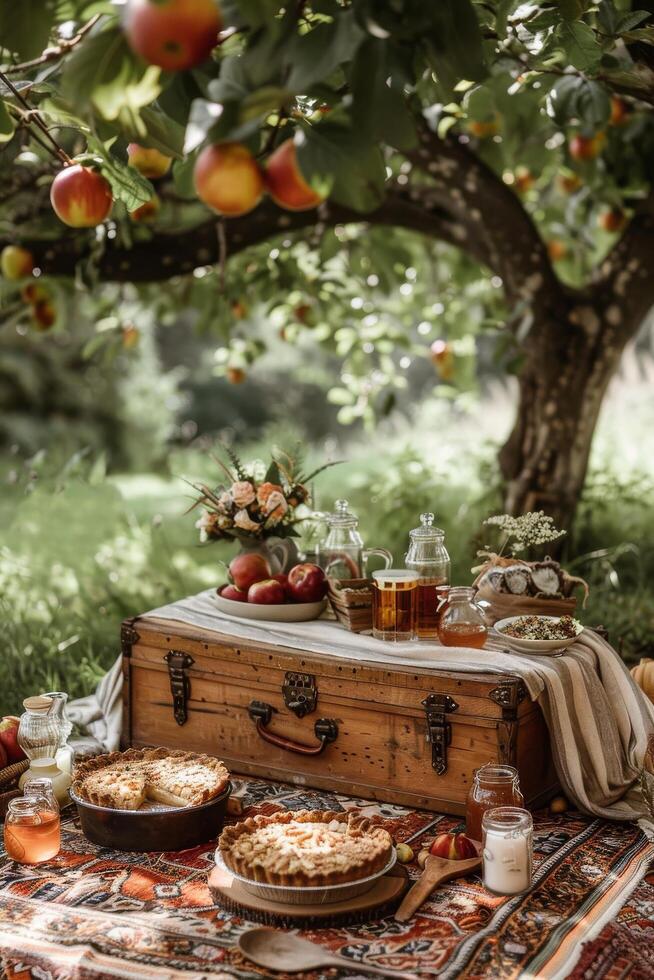 Rustic Autumn Picnic With Apple Pie and Honey in a Green Garden photo