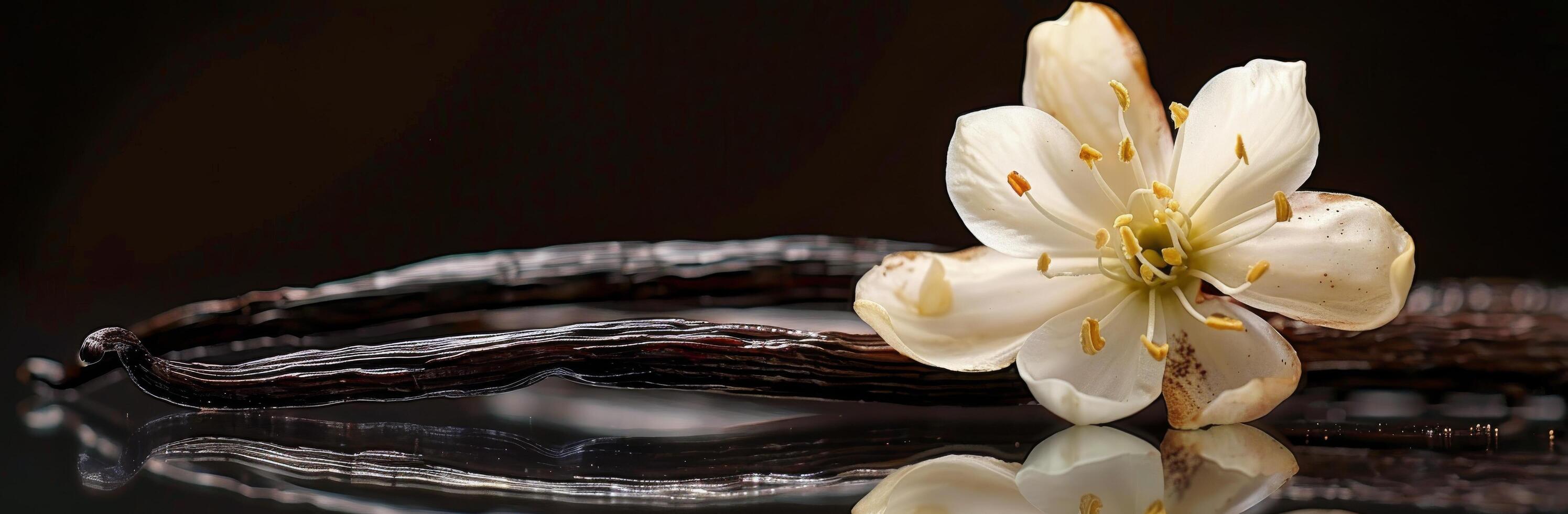 A Single Vanilla Blossom Resting on Dried Vanilla Beans photo
