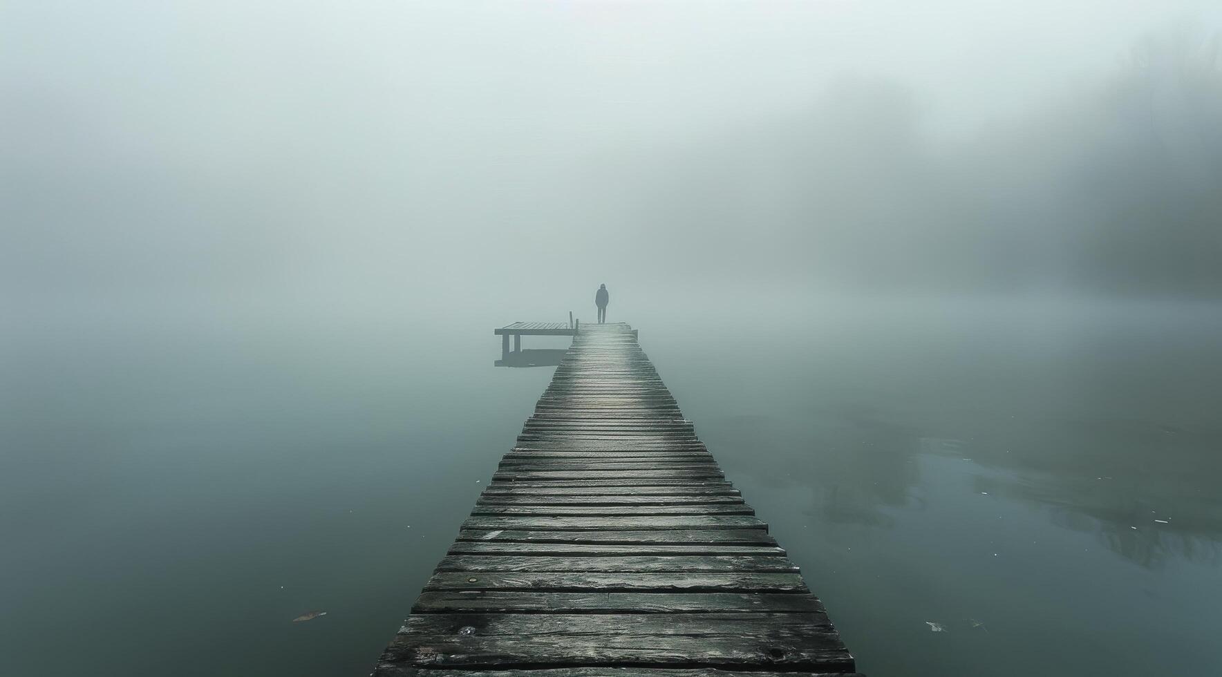 Solitary Figure Walking on a Foggy Wooden Dock photo