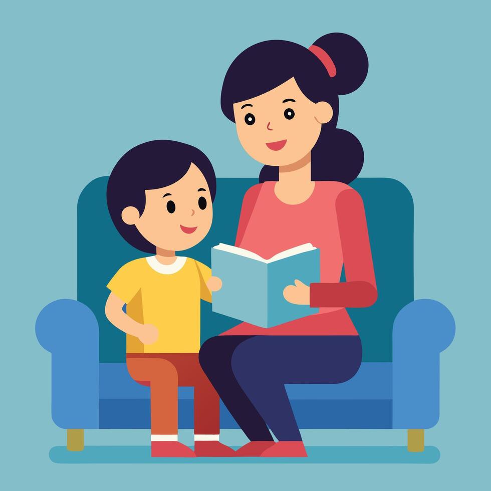 mother and son reading book together on couch illustration vector
