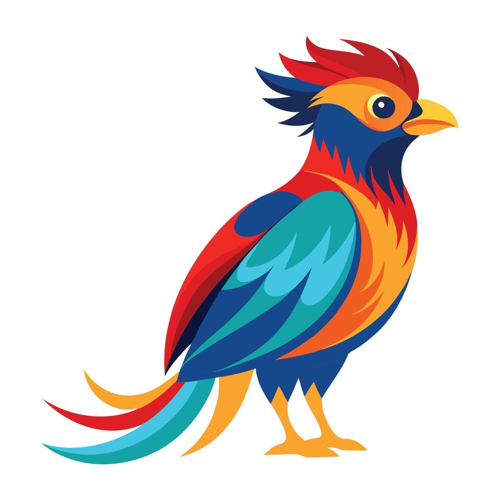 a colorful bird with a red, blue and yellow tail vector
